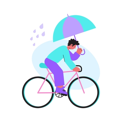 Sad man riding bike under umbrella in nasty rainy weather flat vector illustration