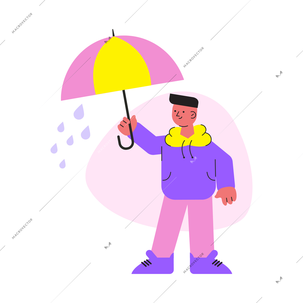 Flat color icon with character walking in rainy weather under umbrella vector illustration