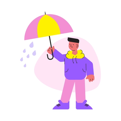 Flat color icon with character walking in rainy weather under umbrella vector illustration