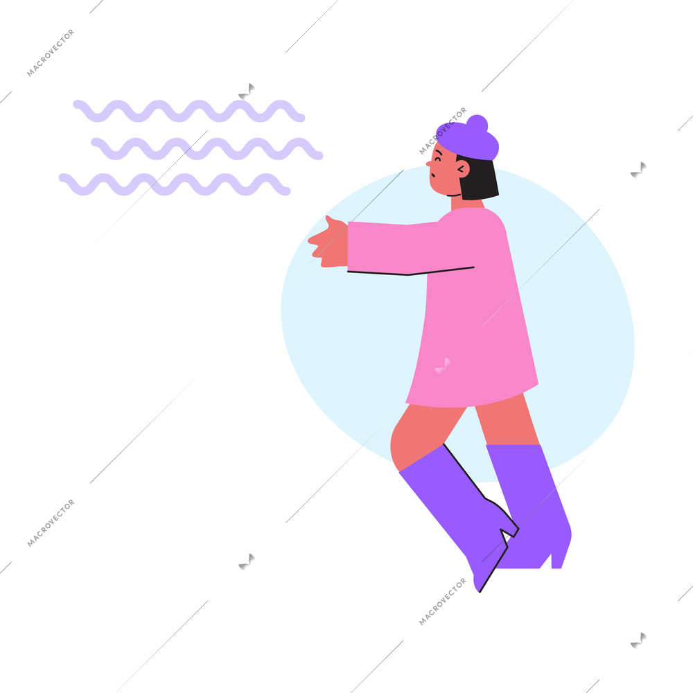 Windy weather flat icon with female character outdoors vector illustration