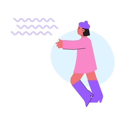 Windy weather flat icon with female character outdoors vector illustration