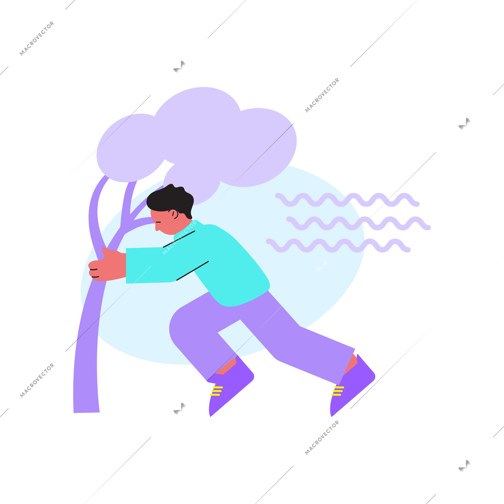 Man walking in strong wind flat vector illustration