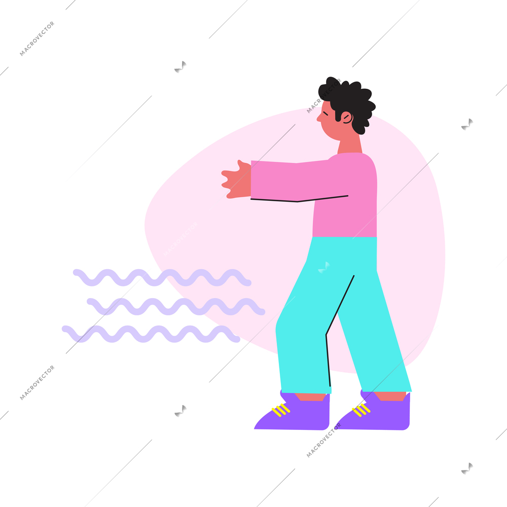 Man walking in windy weather flat vector illustration