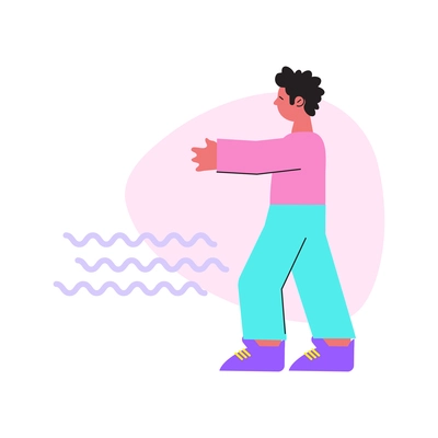 Man walking in windy weather flat vector illustration