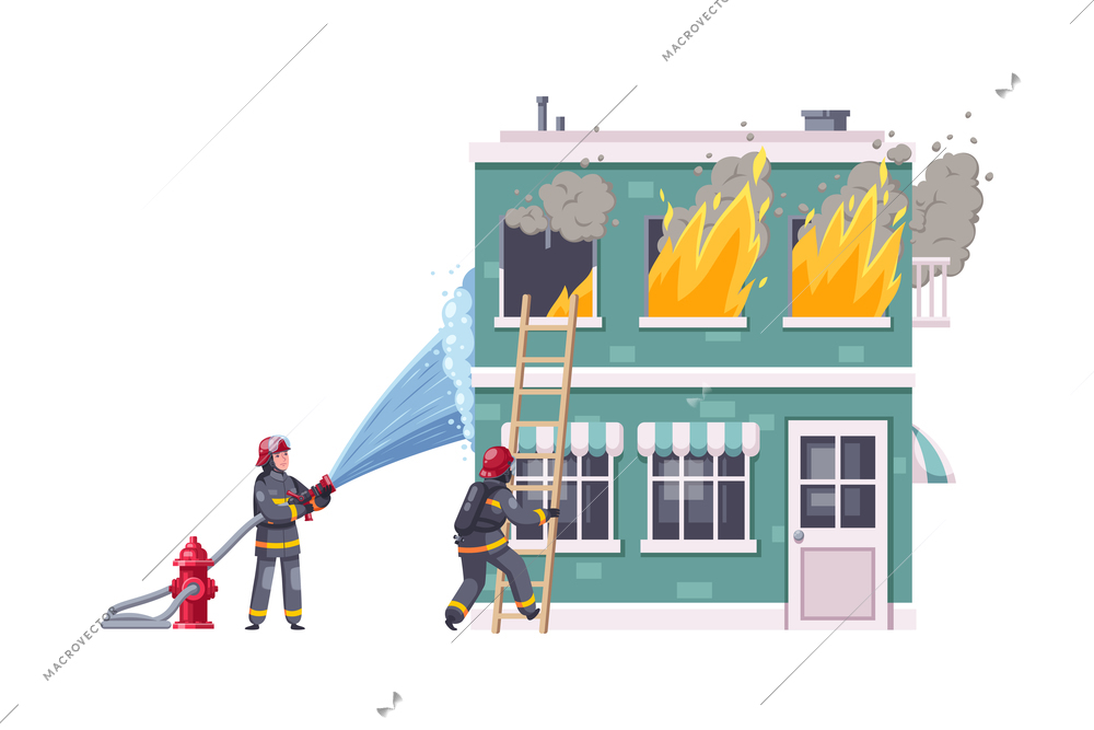 Cartoon Composition Firefighters Putting Out Fire Vector Illustration 72234  | Macrovector
