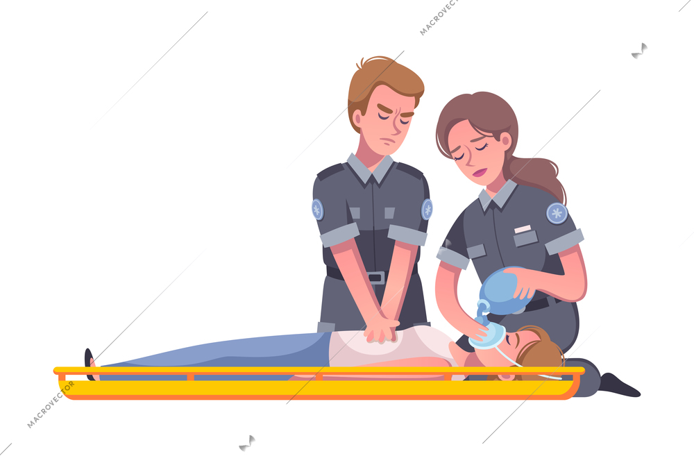 Cartoon icon with paramedic putting oxygen mask on injured woman face vector illustration