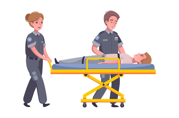 Sad paramedics carrying injured person on stretcher cartoon vector illustration