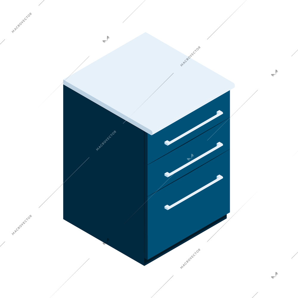 Cupboard with three drawers for kitchen interior 3d isometric vector illustration