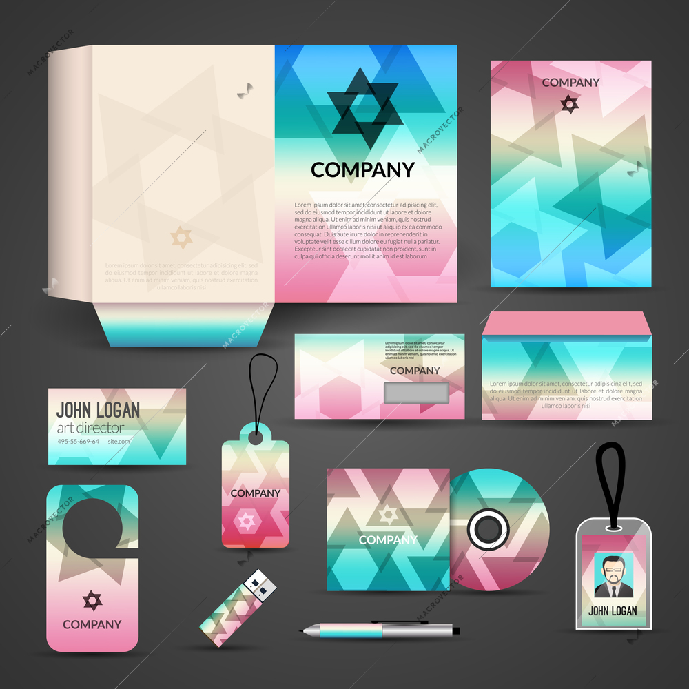 Multicolored paper business promotional stationery layout template corporate design set isolated vector illustration