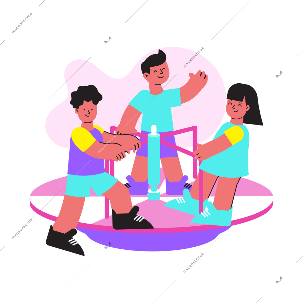 Happy children on merry go round flat vector illustration