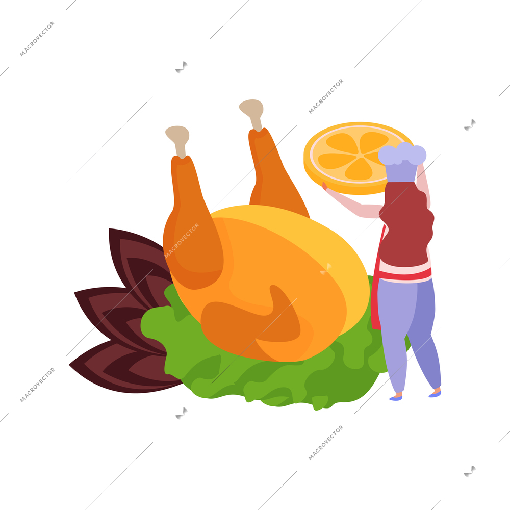 Professional kitchen flat icon with chef cooking chicken vector illustration