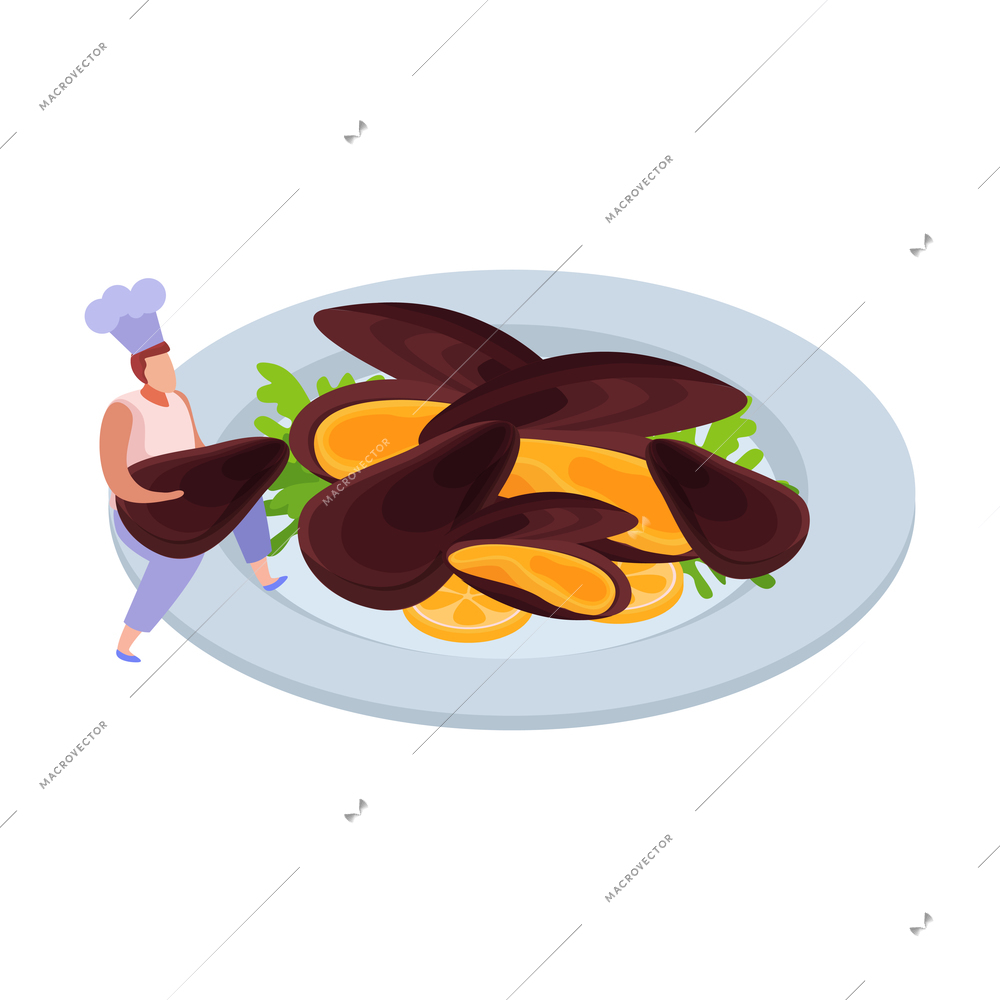 Mussels with lemon dish flat icon vector illustration