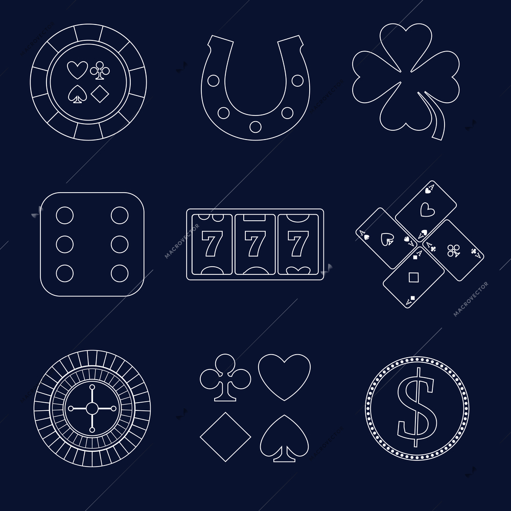 Casino flat design elements with shamrock horseshoe chip icons set isolated vector illustration