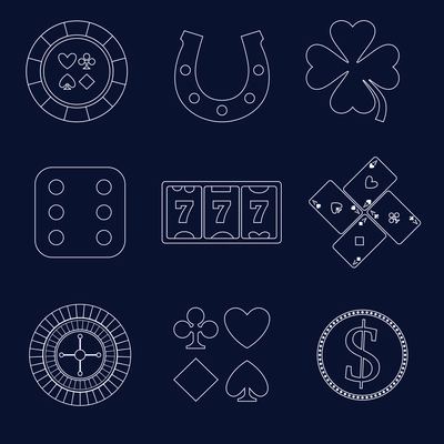 Casino flat design elements with shamrock horseshoe chip icons set isolated vector illustration