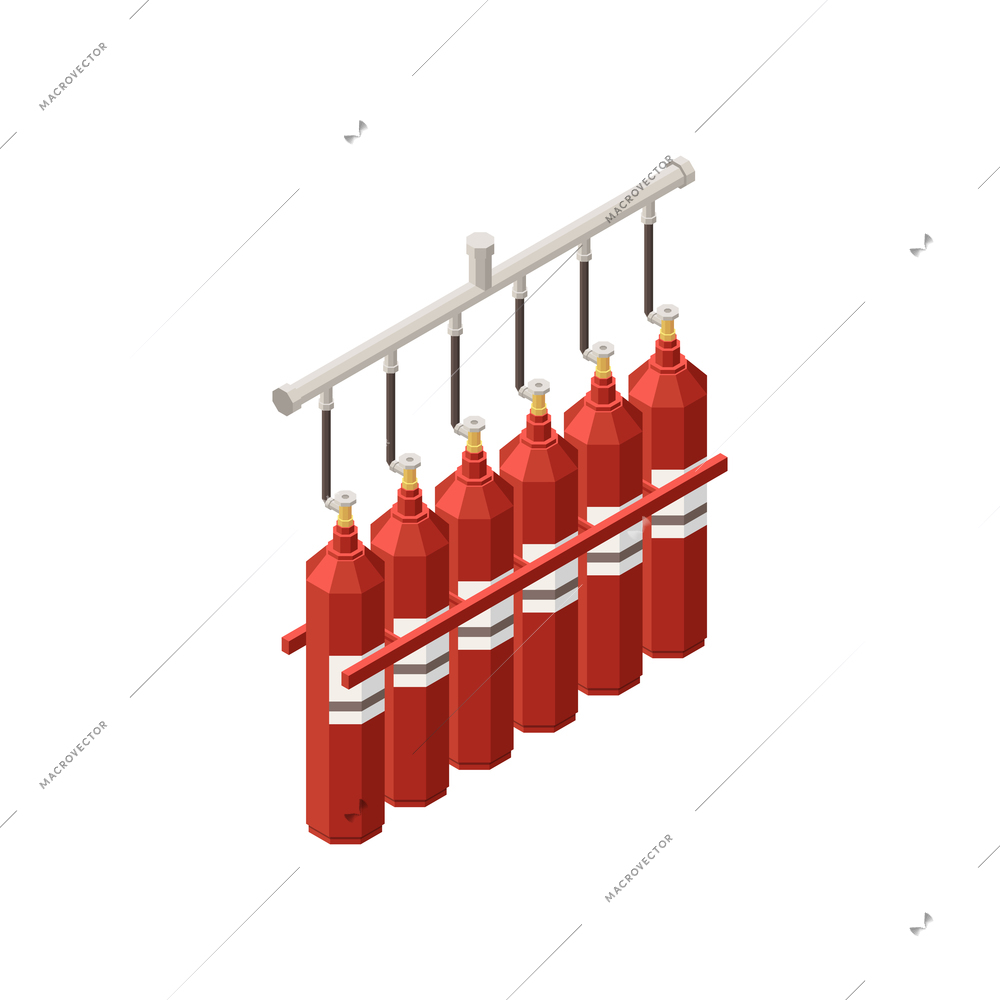 Isometric fire extinguishing system on wall 3d vector illustration