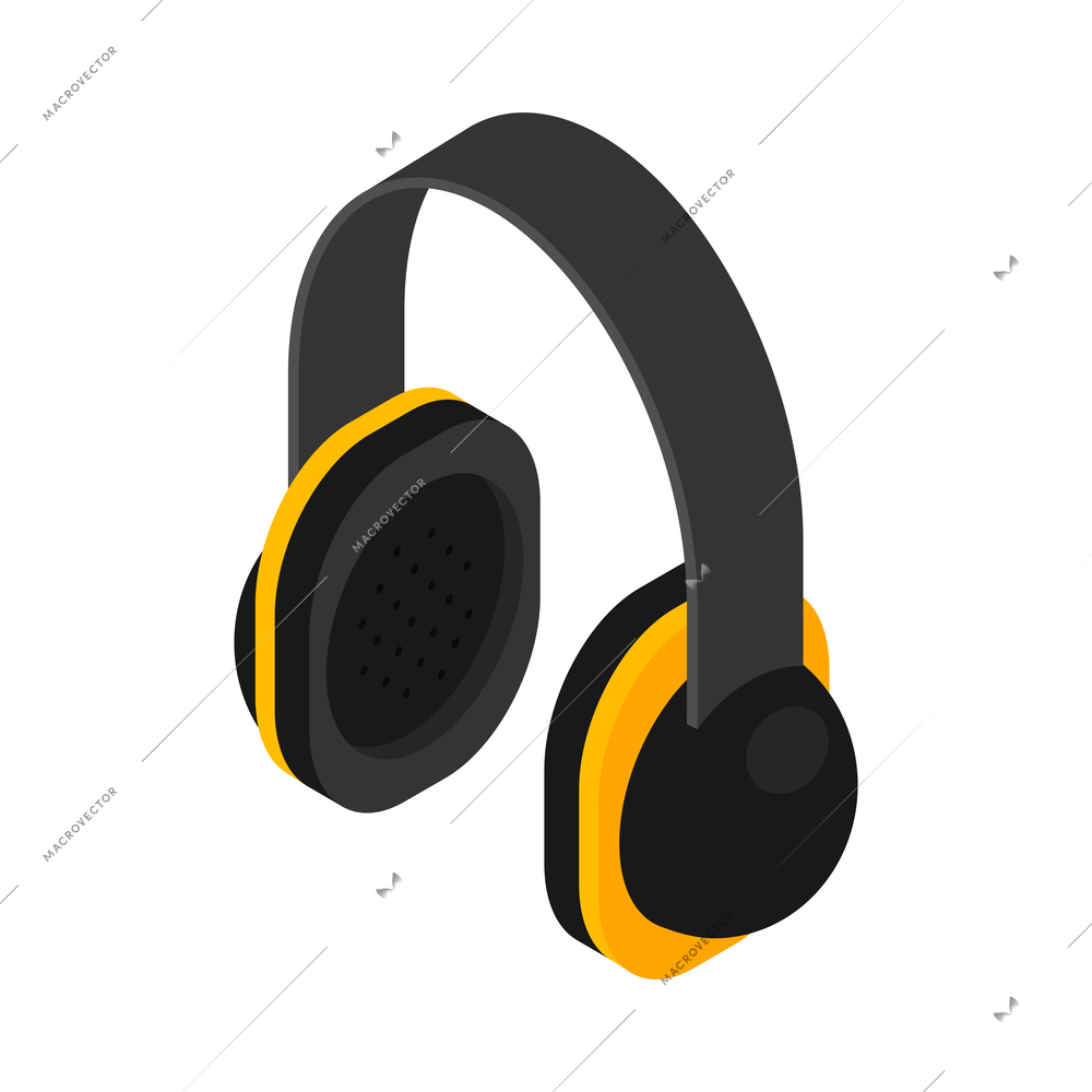 Black and yellow wireless headphones on white background 3d isometric vector illustration