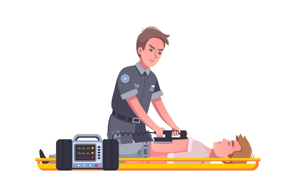 Emergency cartoon icon with male paramedic using defibrillator vector illustration