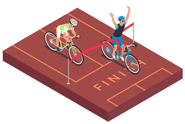 Sport cycling isometric composition with view of race track with red ribbon finish line and riders vector illustration