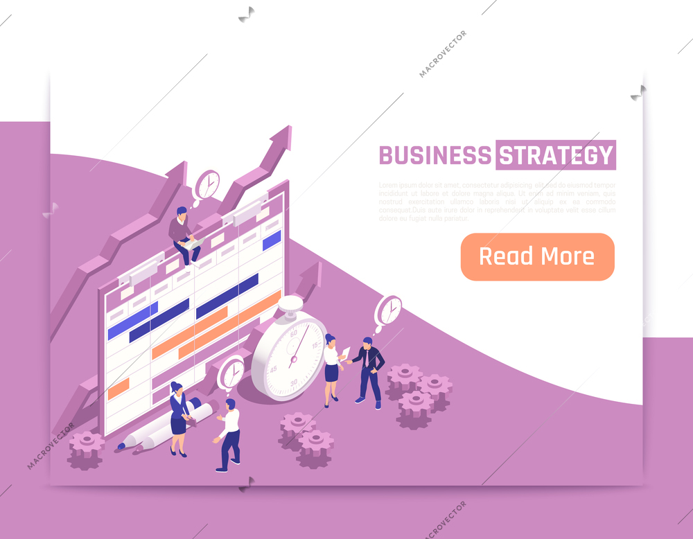 Business strategy isometric landing page with creative coworkers little characters business plan table and stopwatch big icons vector illustration