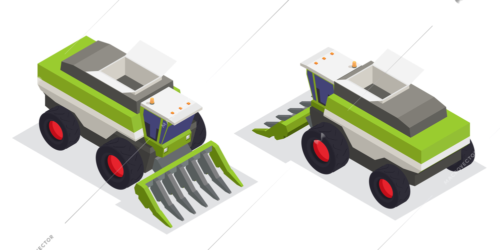 Machinery for textile and spinning industry isometric icons set of two harvesting machine for collecting raw cotton vector illustration