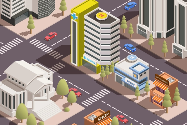 Modern city with residential administrative and office buildings roads transport 3d isometric vector illustration