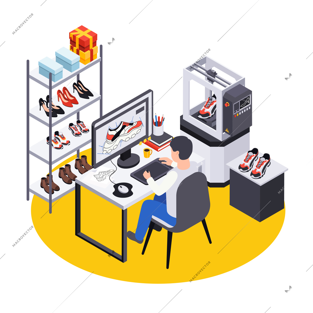 Footwear shoes production isometric composition with view of designers workplace with computer and shoes on shelves vector illustration