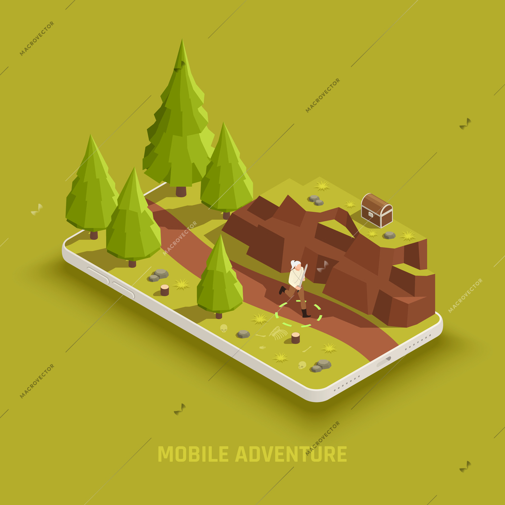 Mobile gaming isometric composition with adventure gameplay personage looking for treasure chest in outdoor location vector illustration