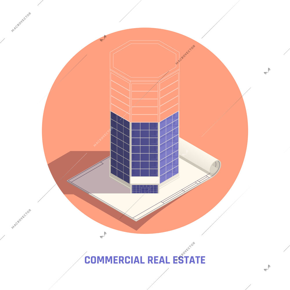 Commercial real estate technical drawing architecture sketching circular isometric composition of octagonal structure on sketchbook vector illustration