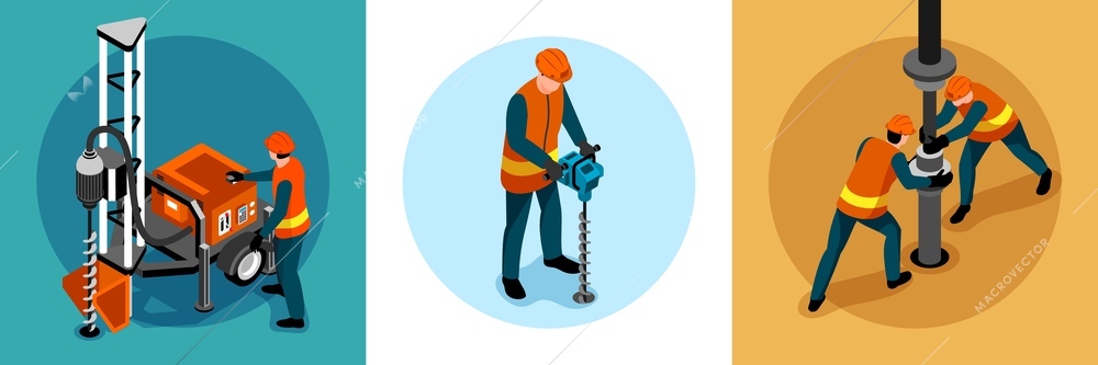 Driller engineer uniform machinery concept 3 isometric background compositions with handheld rock drilling mining equipment vector illustration