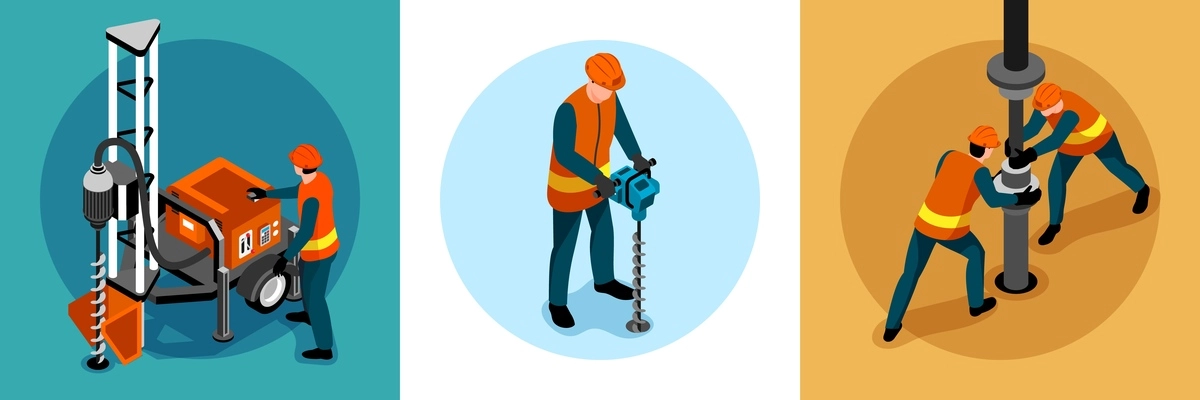 Driller engineer uniform machinery concept 3 isometric background compositions with handheld rock drilling mining equipment vector illustration