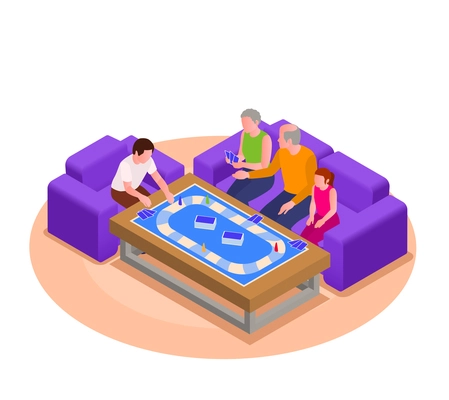 Grandparents and grandchildren isometric concept with board games symbols vector illustration