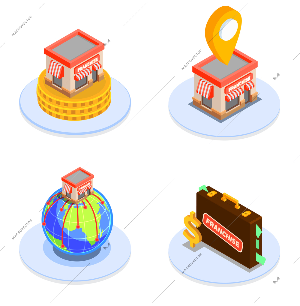 Franchise and finance isometric icons set with business plan symbols vector illustration