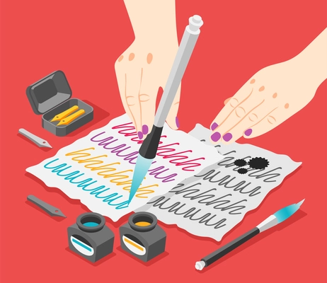 Hobby calligraphy isometric background composition with human hands holding ink pen with pots and paper sheets vector illustration