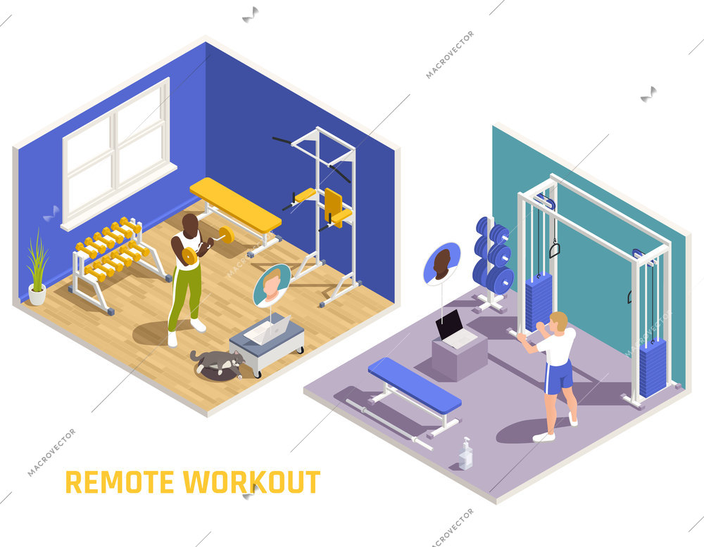 Remote fitness workout virtual training coaching isometric composition with men shaping up in home gym vector illustration