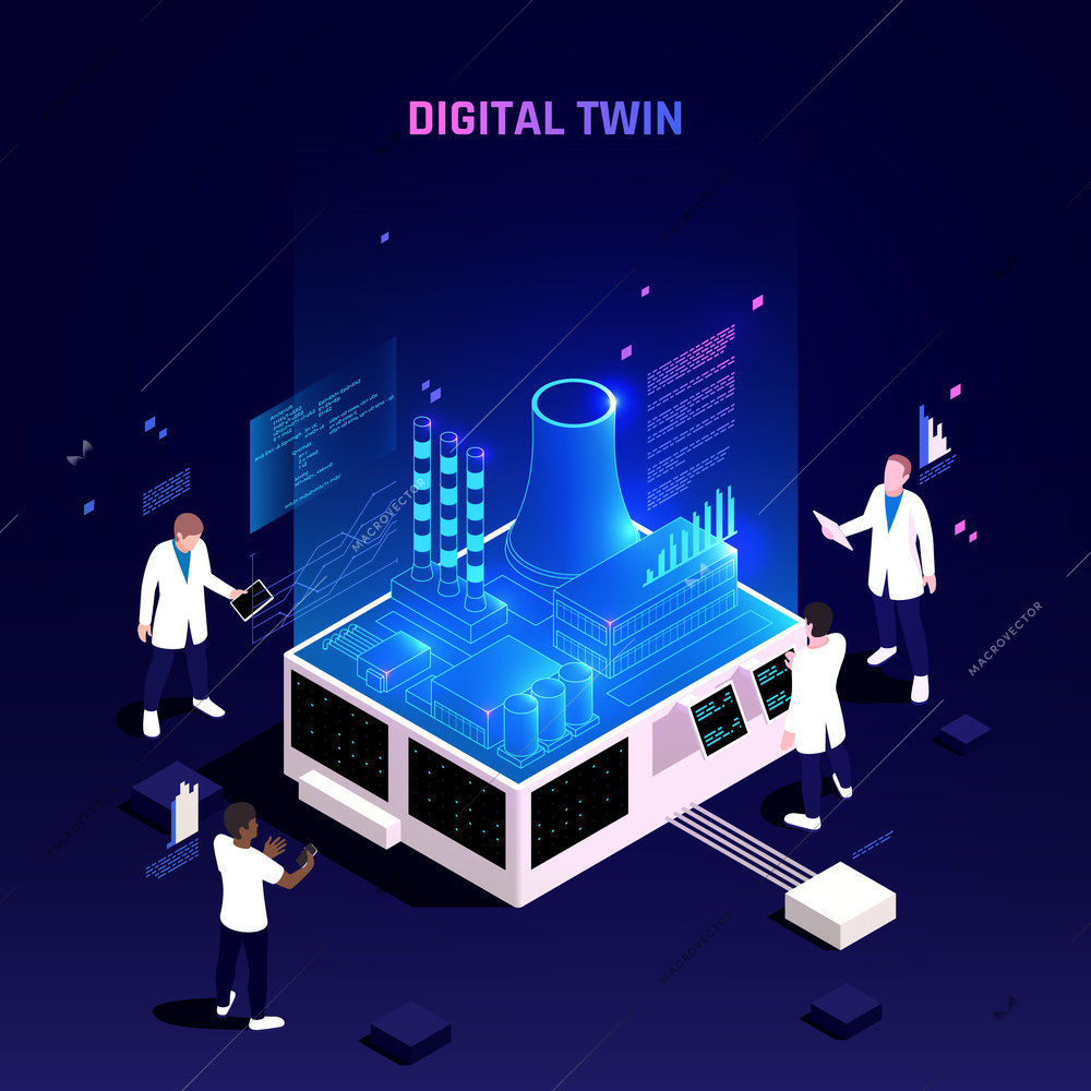 Digital twin technology in manufacturing industry facility maintenance optimization analytics on virtual screens isometric composition vector illustration