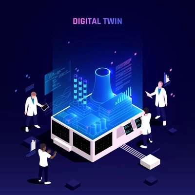 Digital twin technology in manufacturing industry facility maintenance optimization analytics on virtual screens isometric composition vector illustration