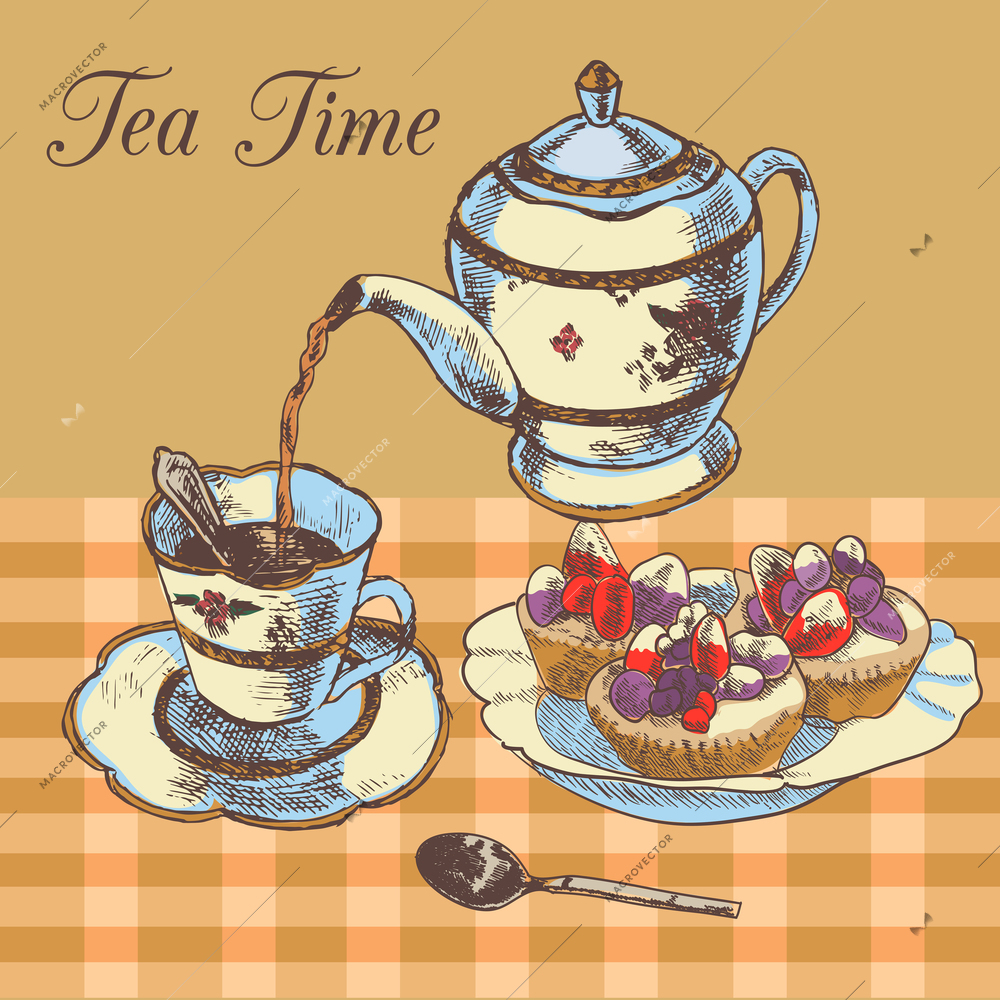 Old-fasioned english tea time restaurant country style poster with traditional teapot and cupcakes dessert vector illustration