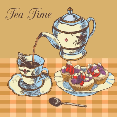 Old-fasioned english tea time restaurant country style poster with traditional teapot and cupcakes dessert vector illustration