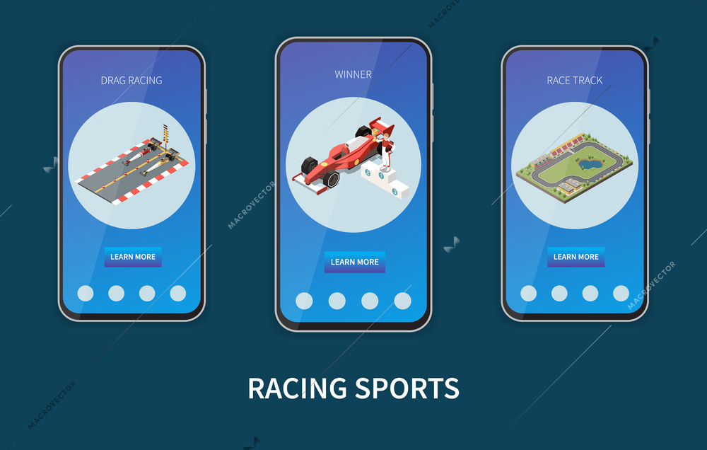 Car race isometric set of vertical banners inside mobile frames with images and clickable page buttons vector illustration