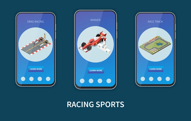 Car race isometric set of vertical banners inside mobile frames with images and clickable page buttons vector illustration