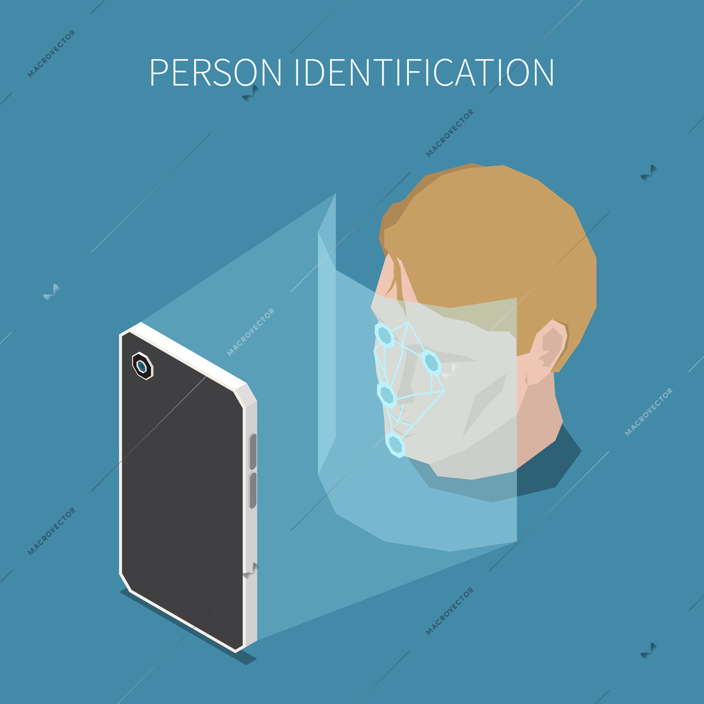 Biometric authentication isometric composition with editable text and human head image being scanned by smartphone screen vector illustration