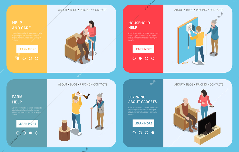 Elderly people professional social help service isometric set of four horizontal banners with buttons and text vector illustration