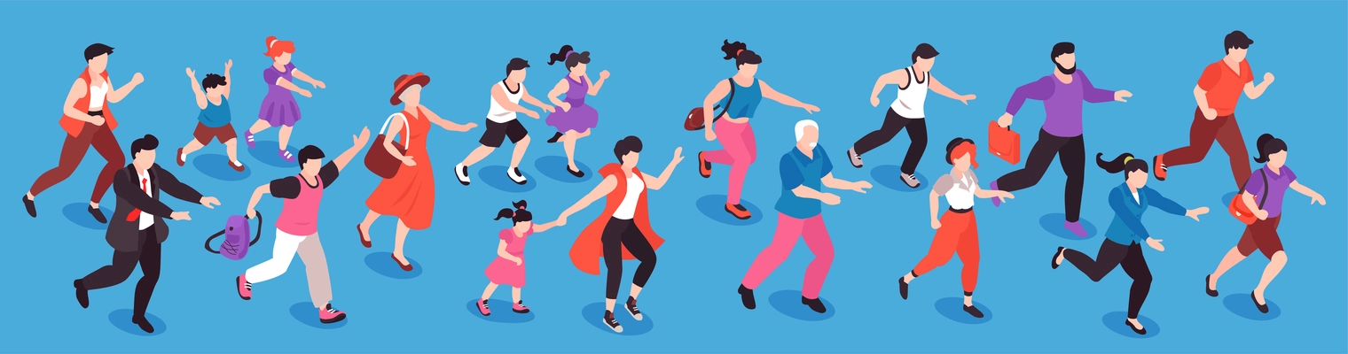 People running concept with hurry and motion symbols isometric vector illustration