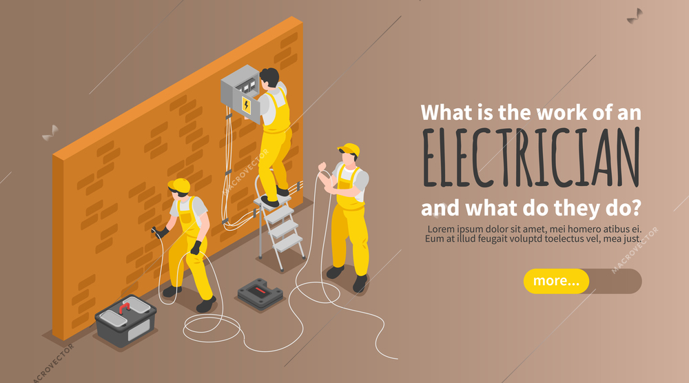 Electrician isometric poster with equipment work and service symbols vector illustration