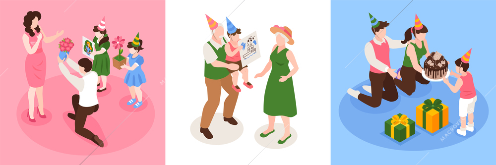 Birthday congratulation concept design with children and grandparents isometric isolated vector illustration