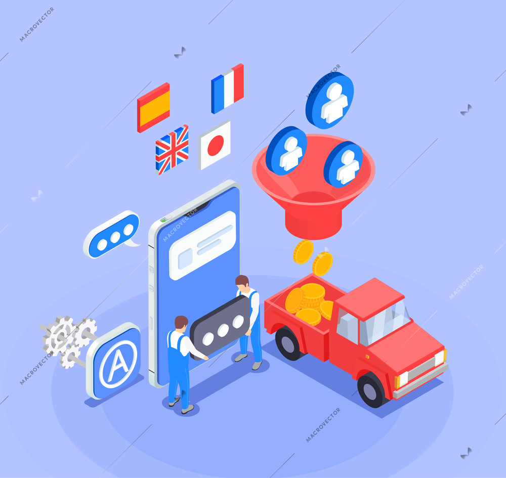 Isometric application store optimization concept with 3d characters money car flags smartphone vector illustration