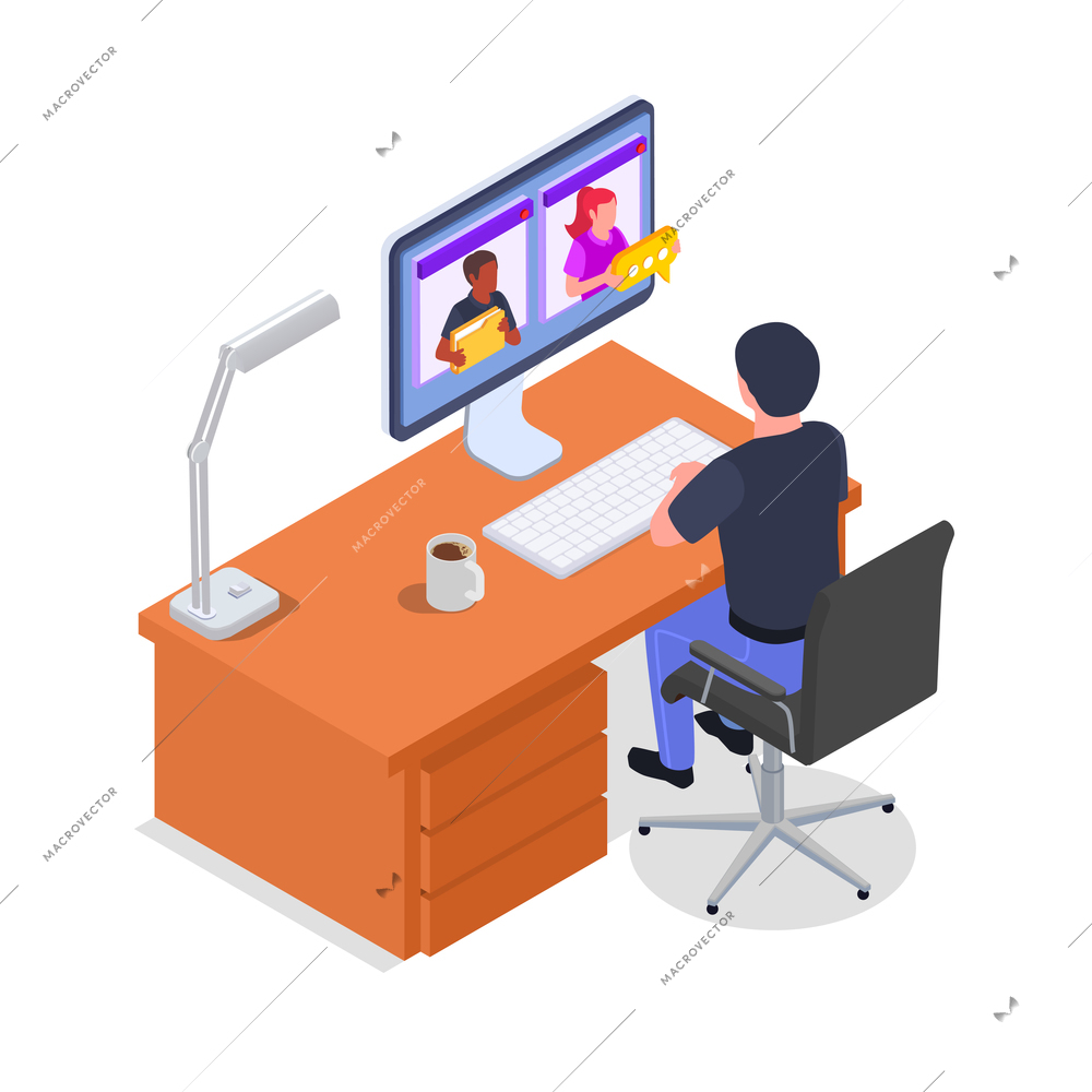 Isometric concept of remote management with male character working remotely on computer on white background 3d vector illustration