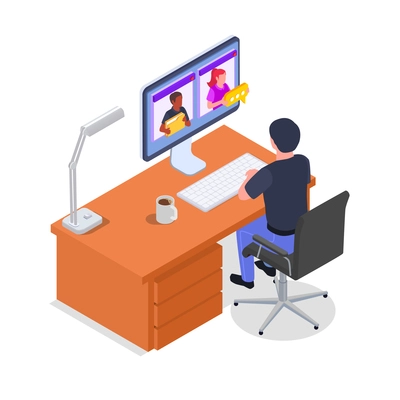 Isometric concept of remote management with male character working remotely on computer on white background 3d vector illustration