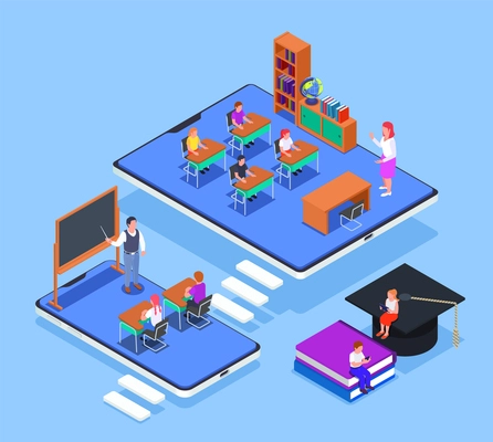 Online education isometric concept with 3d electronic gadgets and classes with children and teachers vector illustration