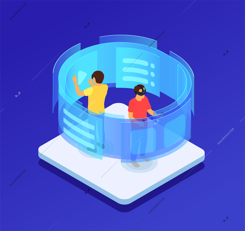 People in augmented glasses touching virtual screen isometric concept on blue background vector illustration